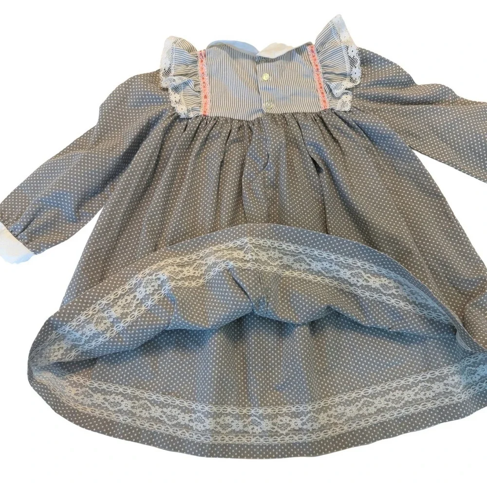 Nannette Girls Apron Dress Lace Gray Polka Dot 18–24 Months? Vintage